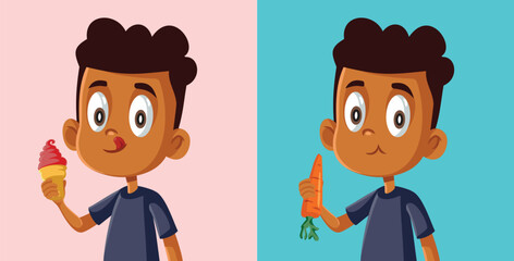 Boy Eating Ice Cream or Fresh Carrot as Snack Vector Cartoon Illustration. Little kid of African ethnicity choosing a good meal

