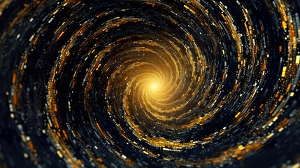 Spiral swirl of flying gold confetti, vortex of space particles in dark, generative AI