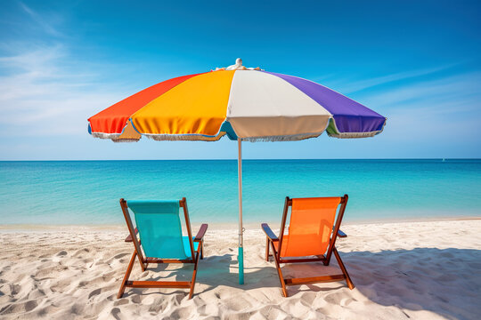 Two beach beds, umbrella and white sand on tropical sea shore in summer, generative AI.