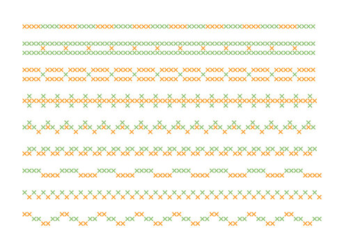 Set of deco line border designs for needlework, cross stitch, thread and stitch concept.