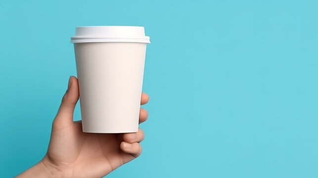  Hand Holding A White Disposable Takeaway Paper Coffee Cup On Blue Background,. Close Up, Mockup Image, Copy Space For Text, Generative Ai