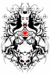 A satanic woman who has two horns with line art style