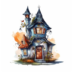 Fantastical Watercolor Haunt - Halloween Hunting House In Watercolor Style, Isolated on White Background - Generative AI