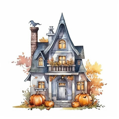 Fototapeta na wymiar Mystical Manor - Halloween Hunting House In Watercolor Style, Isolated on White Background - Generative AI