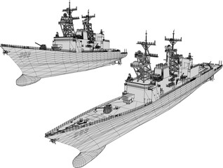 Vector sketch illustration of a battleship full of weapons
