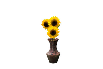 Isolated picture of sunflowers in vase on png file with transparent background.