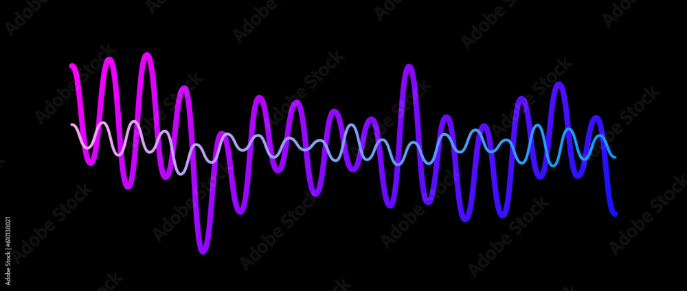 Poster Purple gradient overlapping sound waves. Two sinusoid lines with different frequency and amplitude. Voice or music audio samples. Electronic radio signal graphics on dark background. Vector