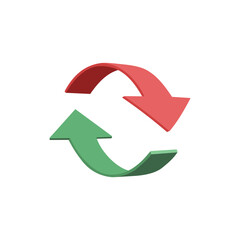 Symbol recyklingu, rotacja, restart, ponawianie, odświeżanie, zmiana. Dwie strzałki wskazujące kierunek. Zakręcające strzałki w kolorze zielonym i czerwonym. Ilustracja wektorowa.