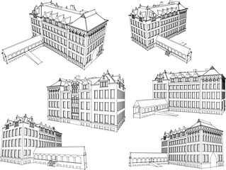 Vintage classic old university mansion building cartoon illustration vector sketch