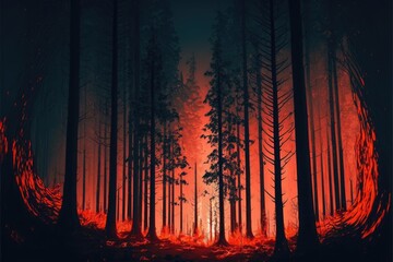 Forest glowing red from fire at night