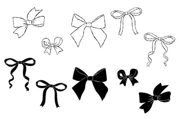 レトロな手描きのリボンイラストセット
