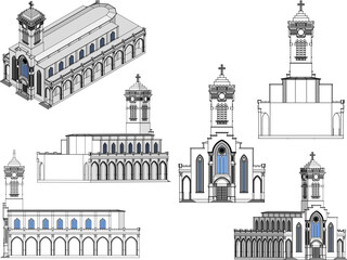 Vintage vatican old holy church illustration vector sketch with tower