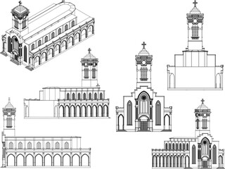 Vintage vatican old holy church illustration vector sketch with tower