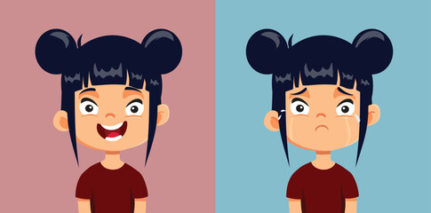 Girl Experiencing Happy and Sad Emotions Vector Cartoon Character. Cheerful little child experiencing different emotions having fun
