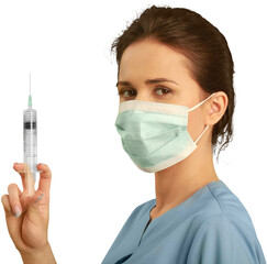 Female healthcare worker wearing a face mask and scrubs while holding an injection