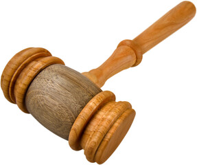 Wooden judge hammer on white background