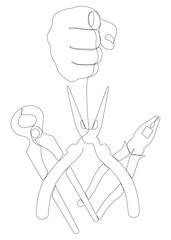 One continuous line of hand with Pliers, Tongs. A hand tool used to hold objects securely. Thin Line Illustration vector concept. Contour Drawing Creative ideas.