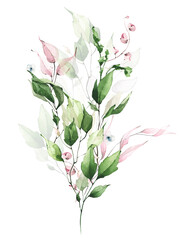 Greenery arrangement watercolor painted. Bouquet with green, pink eucalyptus branches, leaves. 