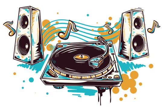 Drawn turntable with speakers and musical notes, colorful music design