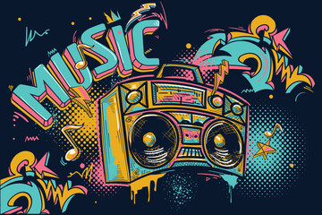Musical boom box tape recorder  with funky graffiti background, hand drawn music design