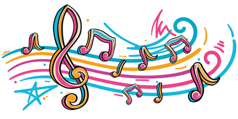 Musical melody - drawn colorful clef and notes decorative design