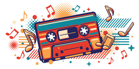 Colorful musical audio cassette and notes funky music design