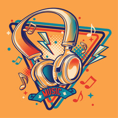 Music emblem - colorful musical headphones and notes