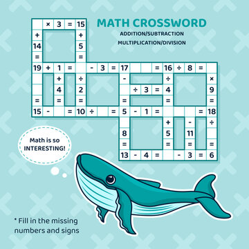 Math Crossword puzzle for kids. Addition, subtraction, multiplication and division