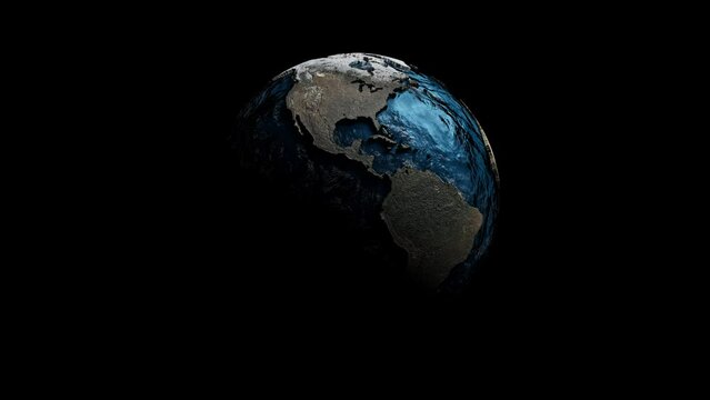 Earth globe on black background. Light coming from side. Animation revolves around itself seamless loop. 3D Render.