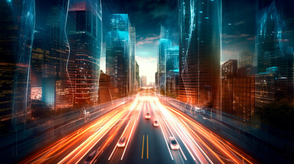 Fototapeta na wymiar modern metropolis at night, high-speed road. Generative Ai. 