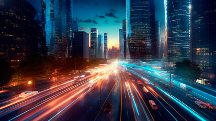 fast road in the night city. Generative Ai. 