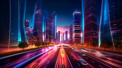 Fototapeta na wymiar high-speed road at night among skyscrapers. Generative Ai. 