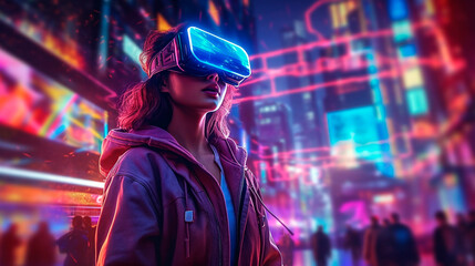 a woman in virtual reality glasses walks around the city in the evening. Generative Ai. 