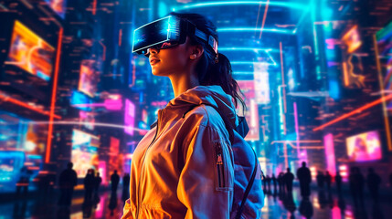 night life. Girl in virtual reality glasses in the city. Generative Ai. 