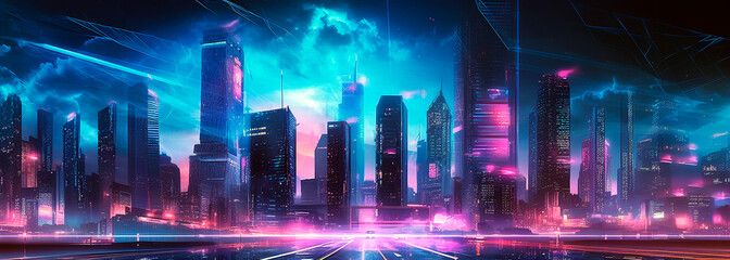 night metropolis in neon lights. Generative Ai. 