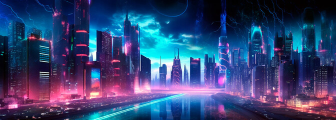 panorama of the night city, Megapolis. Generative Ai. 