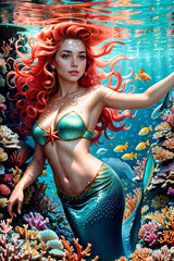 Fototapeta na wymiar Mermaid glides through a colorful underwater world with coral reef and various fish. Fantasy. Generative AI.