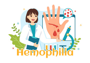 Hemophilia Vector Illustration with Doctor Examining Injured Knee or Joint and Blood Disorders in Healthcare Flat Cartoon Hand Drawn Templates