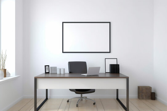 Vertical frame mockup, blank empty screen isolated on white home office background. Copy space. AI generated