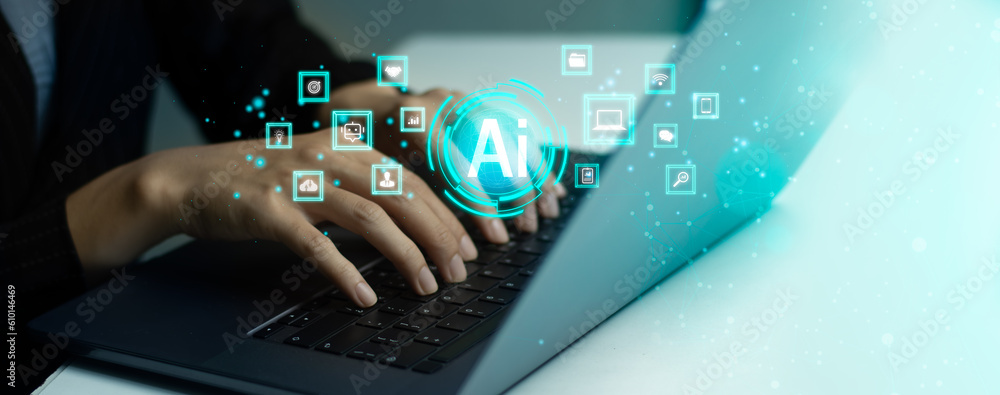 Poster ai technology. businesswoman using laptop computer connecting and chatting with ai. artificial intel