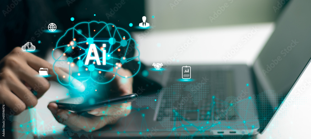 Poster business people using smartphone connecting and chatting ai. artificial intelligence technology assi