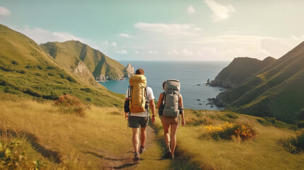 Obraz premium young couple bagpacker hiking through the mountains to the sea with green grass of the morning view. Generative Ai