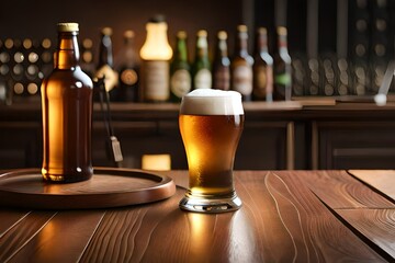 A glass of beer on a bar table. Created with generative Ai technology.