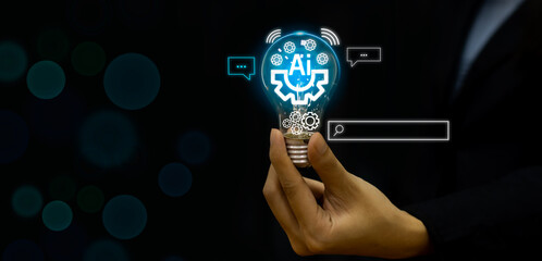 Woman holding light bulb ai smart brain chatting, searching future technology ideas and conversation black background.