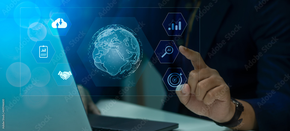 Poster businessman connecting with world big data using laptop computer.