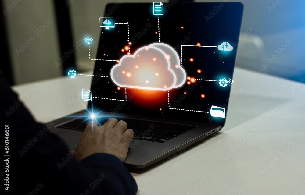 Poster business person using laptop computer notebook connecting with big digital cloud data server. techno