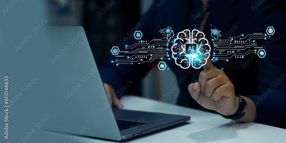 Poster businessman using laptop computer connecting virtual ai smart brain assistant technology. artificial