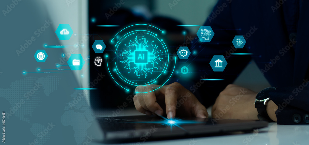 Poster artificial intelligence technology. businessman using laptop computer touching on screen to connecti
