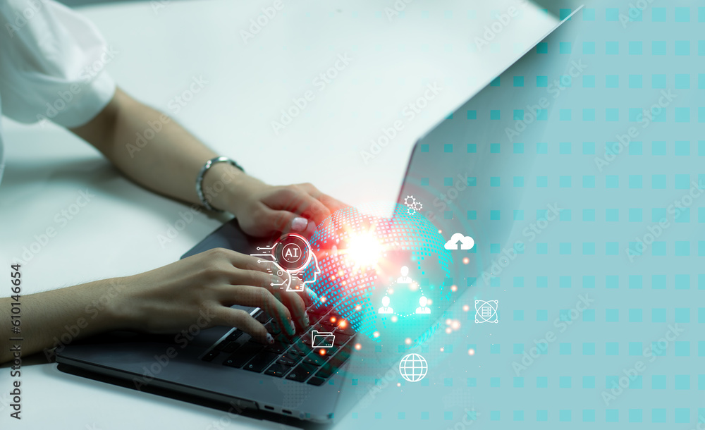Poster woman using laptop computer notebook working online and connecting with chat ai. artificial intellig