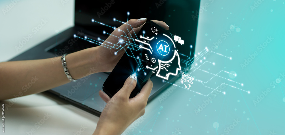 Poster woman using smartphone conneting chatting ai smartbrain assistant big data online. artificial intell